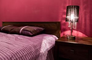 クリニツァ・ズドルイにあるApartament Kryształowyのベッドルーム1室(ベッド1台、ランプ付きテーブル付)