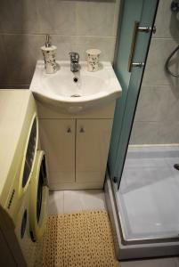 a bathroom with a sink and a washing machine at Baltic coast Apartments in Liepāja