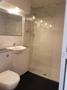 ein Bad mit einer Dusche, einem WC und einem Waschbecken in der Unterkunft Fairburn Hotel in Mauchline
