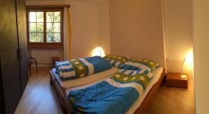 ein Schlafzimmer mit zwei Betten und einem Fenster in der Unterkunft Die Bergperlen Dependance in Sent