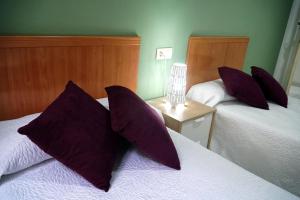 1 Schlafzimmer mit 2 Betten und lila Kissen in der Unterkunft Antares in Granada