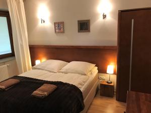 ザコパネにあるBystra Woda Apartament Słonecznyのベッドルーム1室(大型ベッド1台、木製ヘッドボード付)