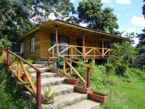 安加羅阿的住宿－阿基科山林小屋，小木屋设有通往小屋的楼梯