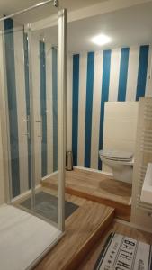 een badkamer met een glazen douche en een toilet bij Ferienwohnung er Loof in Monschau