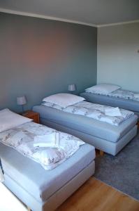 three beds are lined up in a room at Koral in Koszalin