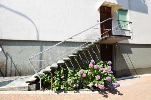 a stairway with a flower pot and a staircase with flowers at Le Rondinelle in Como