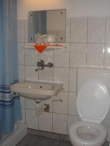 Motel Cristina في بيكاز: حمام مع حوض ومرحاض