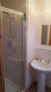 a bathroom with a shower and a sink at Mey Cliff Cottage in Scarfskerry