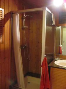 y baño con ducha y lavamanos. en Tisvildehegn BandB en Helsinge