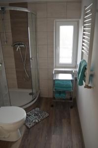 a bathroom with a shower and a toilet and a window at Studio nad Jeziorem in Poznań