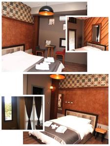 duas fotografias de um quarto de hotel com duas camas em Guest House People em Korçë