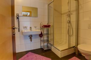 ein Bad mit einer Dusche, einem Waschbecken und einem WC in der Unterkunft Haus Mattle in Pettneu am Arlberg