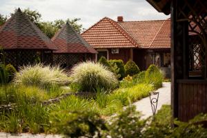 een rij huizen met daken en gras bij Hotel Complex Bahus in Oezjhorod