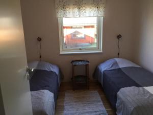 2 camas en una habitación con ventana en Villa Solstrand, en Fagerlund