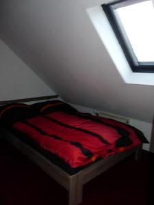 uma cama num sótão com uma clarabóia em gemütliche Ferienwohnung em Düsseldorf