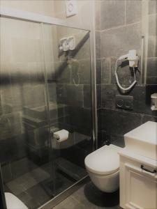 ein Badezimmer mit Toilette und Glasdusche in der Unterkunft Luxx Suite Nişantaşı in Istanbul + 59 Fotos