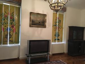 a tv in a living room with stained glass windows at Anastasia in Mediaş