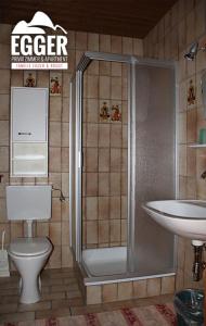 a bathroom with a shower and a toilet and a sink at Gastehaus Egger in Mittersill
