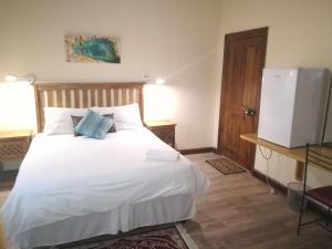 a bedroom with a white bed and a television at White House Lodge On Main in Beaufort West