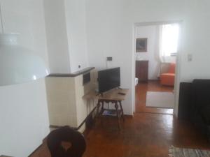 a living room with a television and a table in a room at Am Baalstein in Traunkirchen