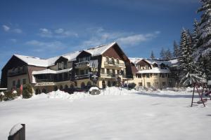 a large building with snow on the ground at Hotel Ruia in Poiana Brasov