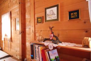 un estante de libros con un animal de peluche sentado encima en Cabin Menka en Sirogojno