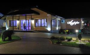 a person standing in front of a house at night at Amfora Hotel in Nakonechnoye