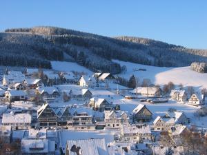 a town covered in snow with mountains in the background at Gasthof Westfeld in Schmallenberg