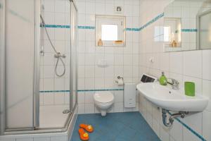 a bathroom with a sink and a toilet and a shower at Hotel Bergmühle in Bansin