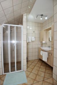 a bathroom with a shower and a sink at Frühstückspension Liebmann in Deutschlandsberg