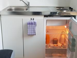 La cuisine est équipée d'un évier et d'un réfrigérateur ouvert. dans l'établissement Appart Lille Centre, à Lille