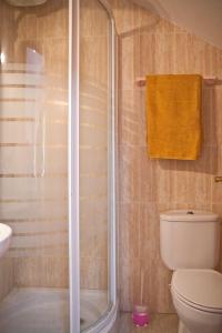 uma casa de banho com um chuveiro, um WC e um lavatório. em Vivienda Rural El Mirador de Enix em Enix