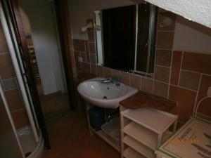 a bathroom with a sink and a mirror and a shower at Casa Gallo in Santa Marinella