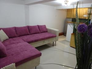 a purple couch in a living room with flowers at Jasmin White Apartment in Skopje