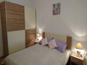 sypialnia z dużym łóżkiem z fioletowymi poduszkami w obiekcie Apartments Grazia 111 - Jarun Lake w Zagrzebiu
