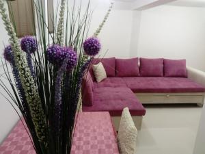 a living room with a purple couch and purple flowers at Jasmin White Apartment in Skopje