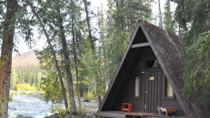 a black triangular house in the woods next to a river at The Perch Resort in McKinley Park