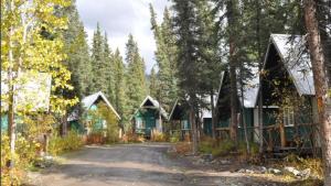 una fila de cabañas en el bosque con entrada en The Perch Resort, en McKinley Park
