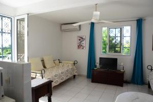 a living room with a couch and a tv at Villa Campêche in Les Trois-Îlets