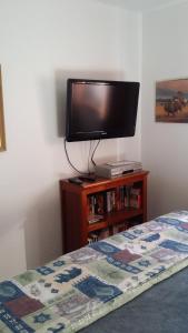 a bedroom with a bed and a flat screen tv at Greer Point Trails End Cabins in Greer