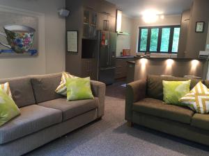 uma sala de estar com dois sofás e uma cozinha em Lye Bow Lake House em Alexandra