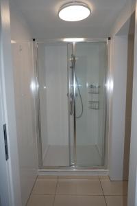 a shower with a glass door in a bathroom at Souterraine-Findlinge in Breege