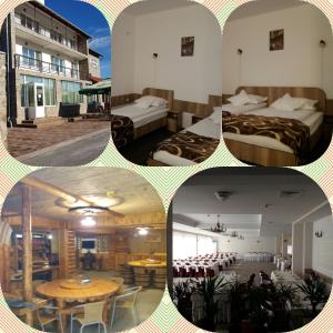 a collage of four pictures of a hotel room at Pensiunea Raxand in Mioveni