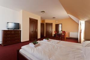 ニエジツァ・ザメクにあるPensjonat Czardaszのベッドとテレビが備わるホテルルームです。