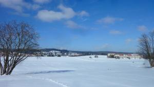 a field covered in snow with buildings in the background at Ferienwohnung Rennsteigblick in Tambach-Dietharz