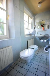 a bathroom with a white toilet and a sink at Hotel Pontivy in Wesseling