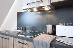 a kitchen with a sink and a counter top at Brzeće Center Apartments in Kopaonik