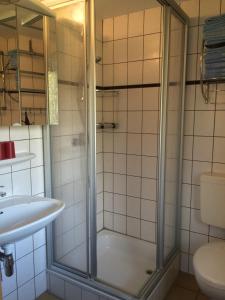La salle de bains est pourvue d'une douche et d'un lavabo. dans l'établissement Ferienwohnung Wiesenblick, à Prerow