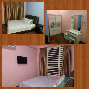 Duas fotografias de um quarto com uma cama e um quarto com uma secretária. em D' Festivo Condominium Residences em Ipoh