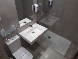 a bathroom with a white toilet and a sink at Hostal Tilos in Málaga